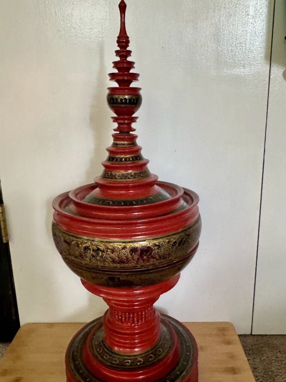Red Lacquerware Tiered/Ringed Burmese Food Offering Vessel 28" Buddhist